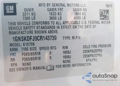 2012 Chevrolet Tahoe Hybrid Hybrid z USA, uszkodzony, nr VIN 1GNSKDFJ9CR143739